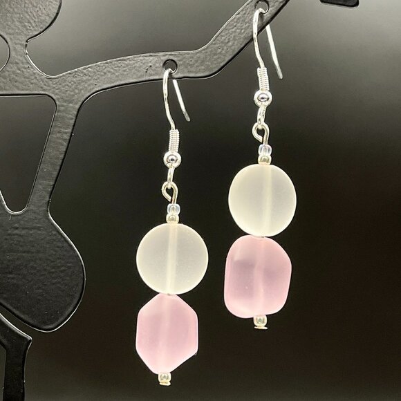 Sea Glass Earrings White and Pink Handmade - Picture 3 of 5